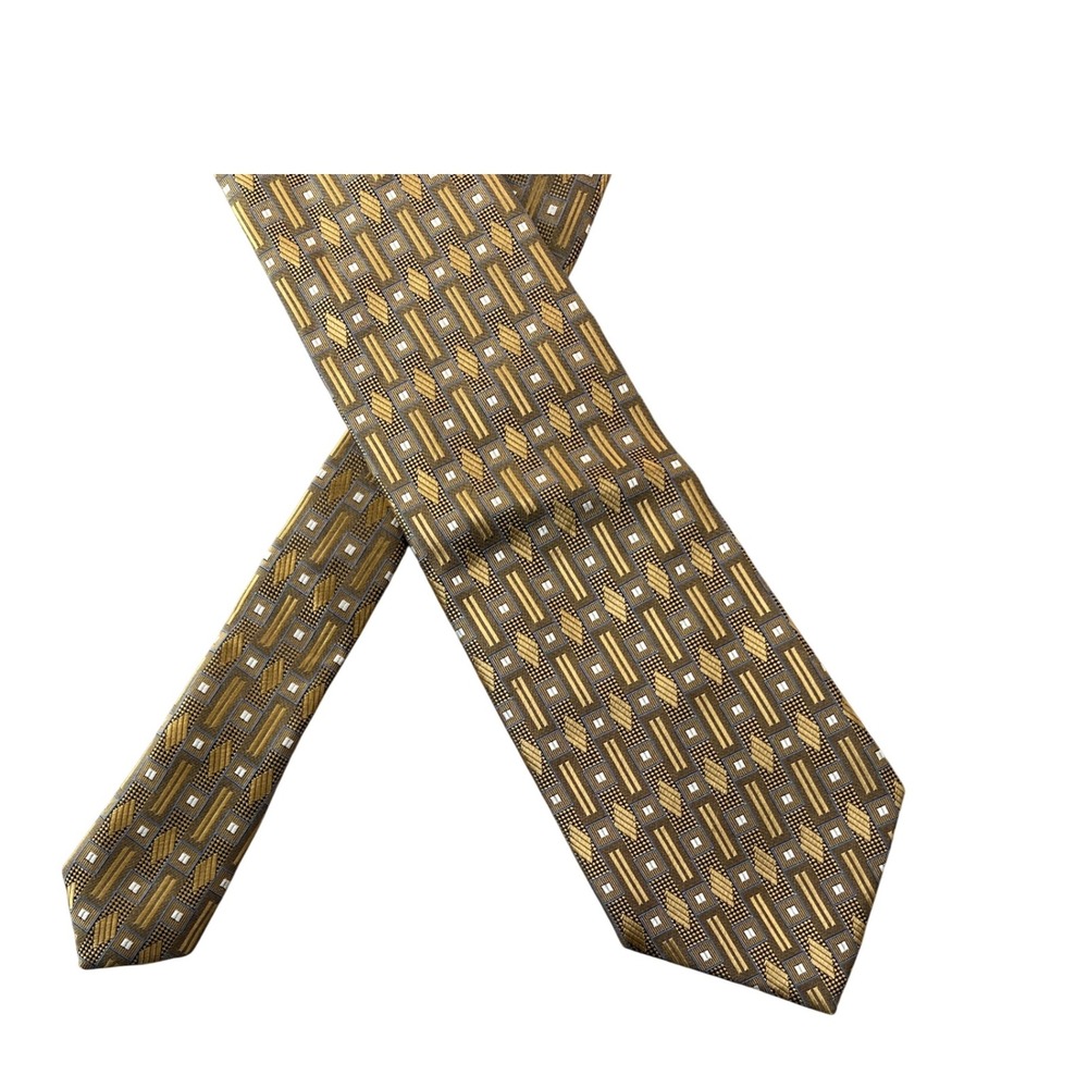 Vintage Jhane Barnes Necktie Mens Silk Geometric Squares Gold Brown Designer
